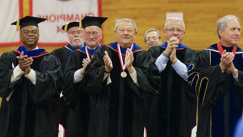 Joseph T. Negler (front row and center) receiving the Distinguished Alumni Award at the 2008 Marist Commencement.